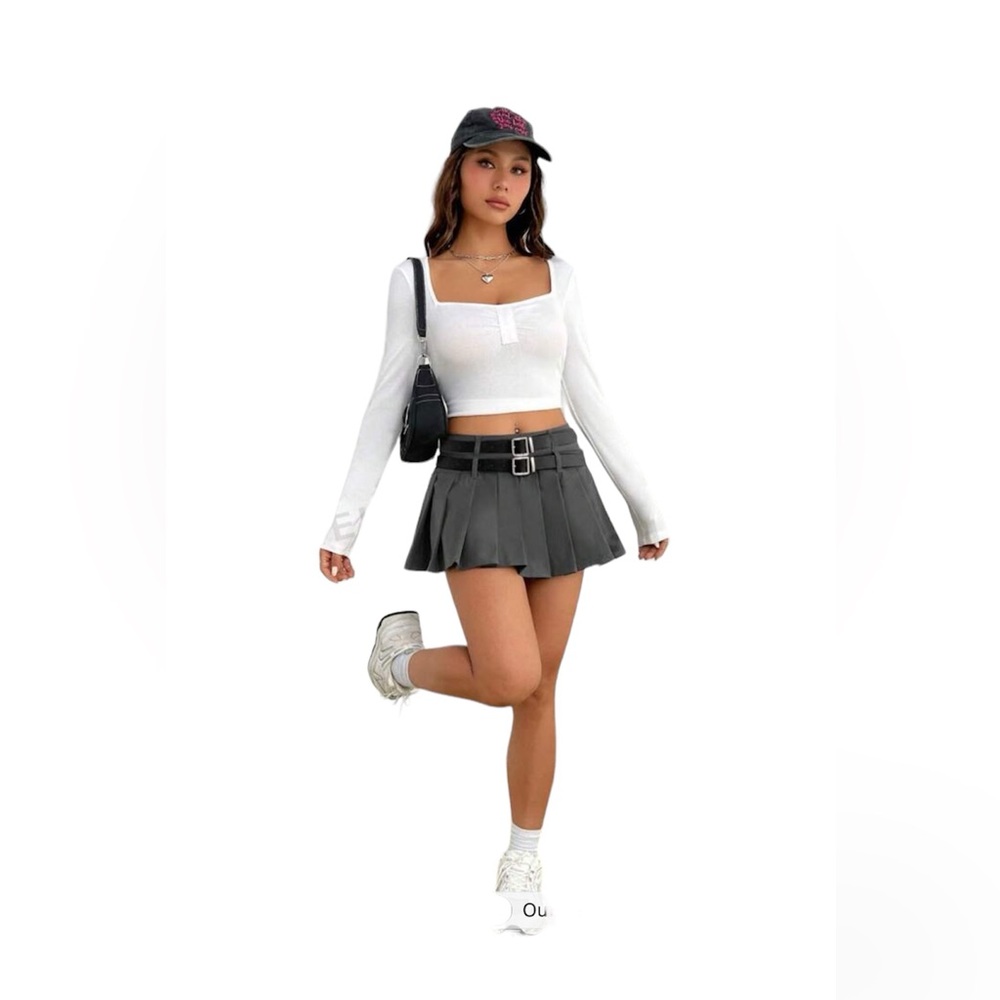 Pleated double belt skirt